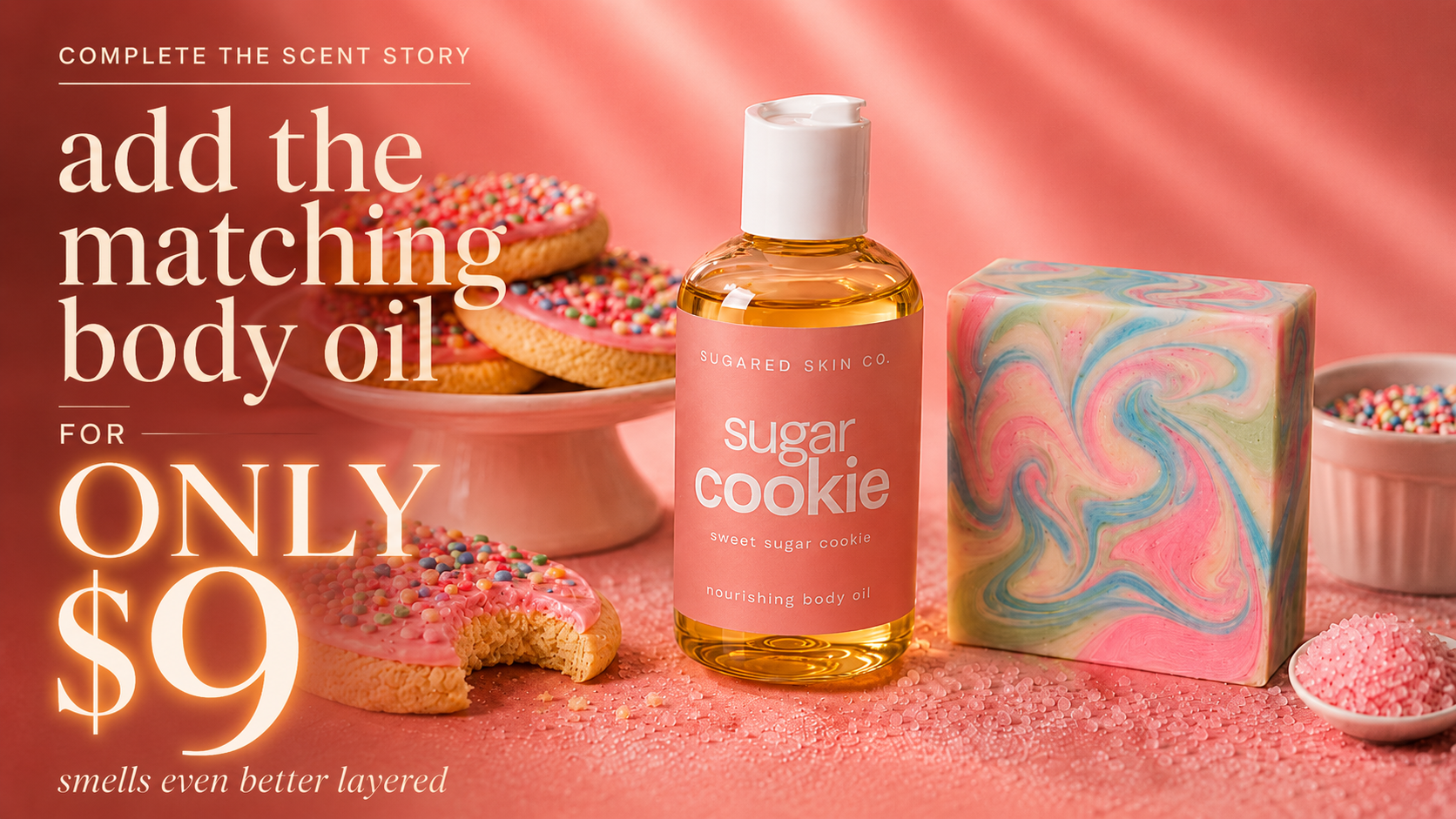 Sugar Cookie matching body oil promo